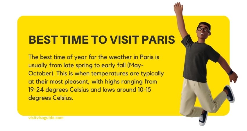The best time of year for the weather in Paris is usually from late spring to early fall (May-October). This is when temperatures are typically at their most pleasant, with highs ranging from 19-24 degrees Celsius and lows around 10-15 degrees Celsius.
